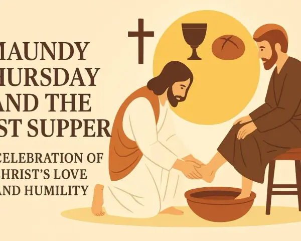 Jesus washes feet, symbolizing love and humility, as depicted in Holy Thursday scripture readings. A chalice and bread are shown.