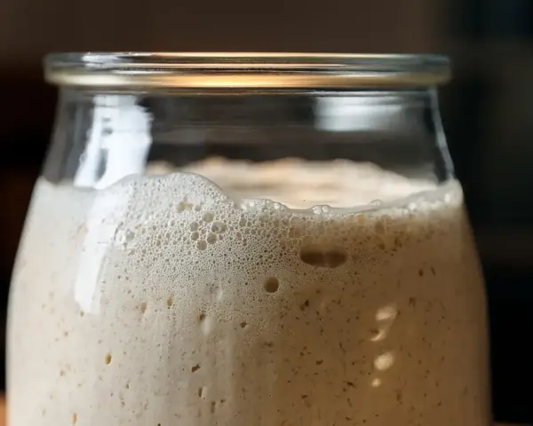 Ein Glas mit schaumigem Sauerteig, der sich nicht verdoppelt. Kleine Bläschen und eine cremige Textur sind sichtbar.