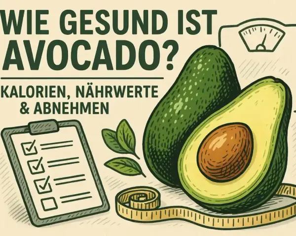 Wie gesund ist Avocado? Kalorien, Nährwerte & Abnehmen. Eine Waage, Maßband und Checkliste deuten auf die gesunde Ernährung mit Avocado hin.