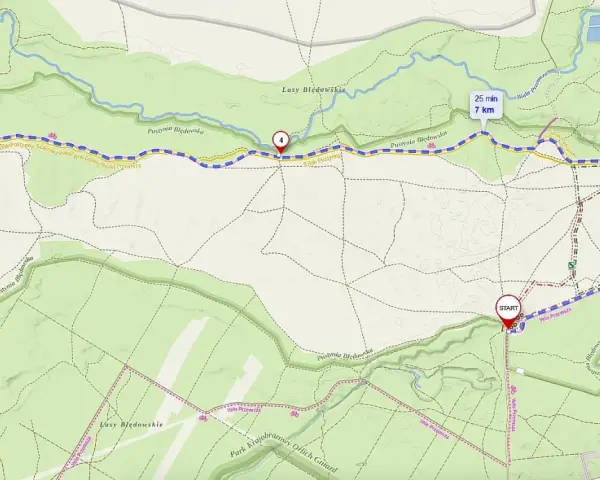 Mapa Pustyni Błędowskiej z zaznaczoną trasą rowerową Velo Przemsza. Start i meta oznaczone, punkty kontrolne 1-4.
