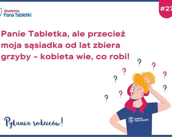 Rodzice zastanawiają się, od ilu lat dzieci mogą jeść grzyby. Ilustracja przedstawia zamyśloną osobę z dzieckiem na ramionach, otoczoną znakami zapytania.
