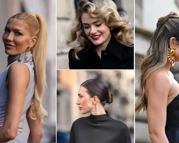 Eleganckie półupięcie na wesele: wysoki kucyk, fale w stylu retro, niski kok i upięcie z luźnymi pasmami.