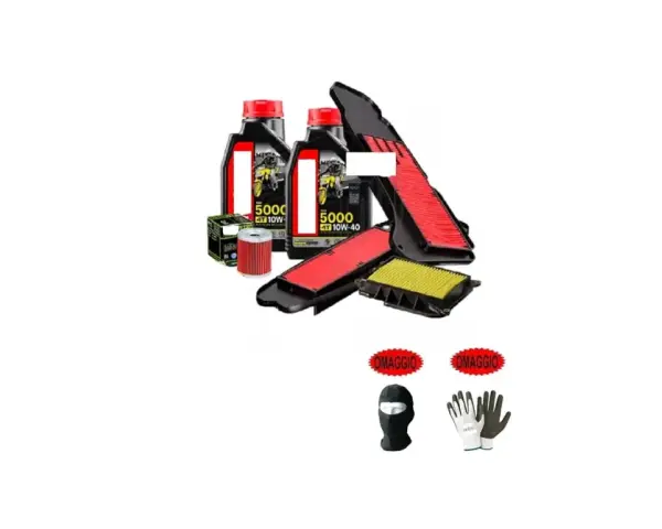 Kit manutenzione per Agility 125: olio motore, filtri aria e olio, passamontagna e guanti in omaggio.