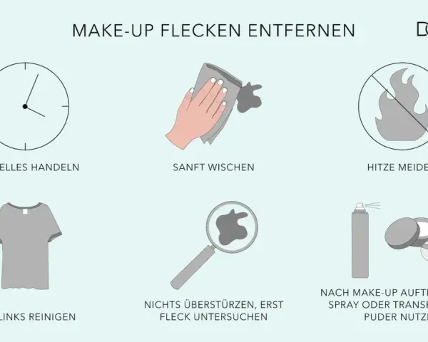 Tipps, um Make-up Flecken zu entfernen: schnell handeln, sanft wischen, Hitze meiden, links reinigen, Fleck untersuchen, Fixing Spray oder transparentes Puder nutzen.