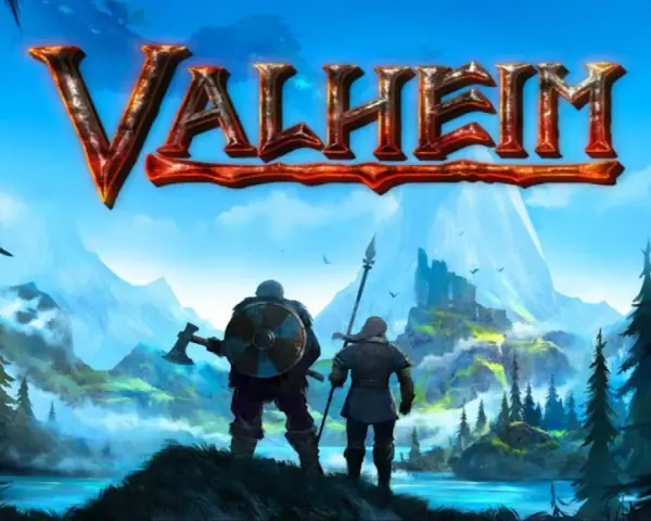 Dwóch wikingów z toporem i włócznią patrzy na górzysty krajobraz. Valheim na Xbox Game Pass.