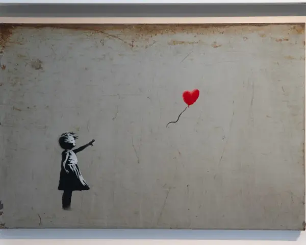 Dziewczynka sięga po czerwony balon w kształcie serca. To słynne dzieło Banksy'ego, artysty znanego z prowokacyjnych prac.