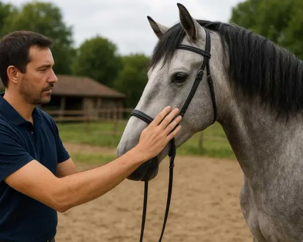 Un homme caresse la tête d'un magnifique cheval lusitanien gris, dans un manège.