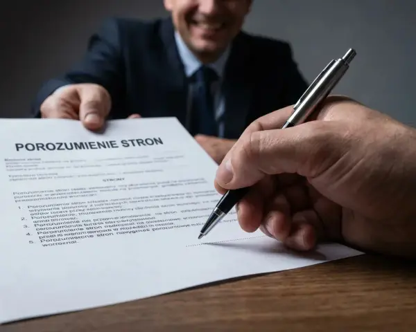 Uśmiechnięty mężczyzna podaje dokument "Porozumienie stron", a druga osoba podpisuje go.