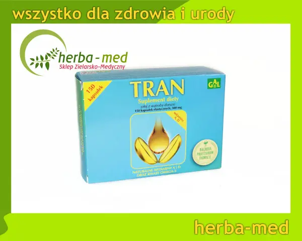 Pudełko suplementu diety Tran z olejem z wątroby dorsza, witaminami A, D i kwasami omega-3.