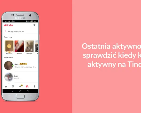 Telefon z aplikacją Tinder. Widoczna lista wiadomości, gdzie Sara jest "Ostatnio aktywna". Dowiedz się, czy na Tinderze widać, czy ktoś jest online.