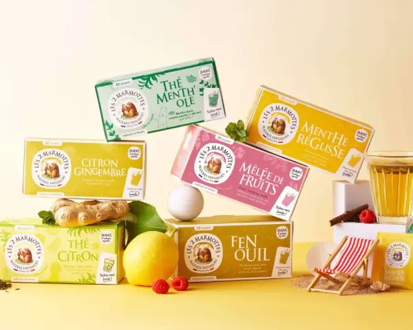 Boîtes de thés et infusions à froid Les 2 Marmottes : Menthe Ole, Citron Gingembre, Menthe Réglisse, Mélée de Fruits, Thé Citron, Fenouil.