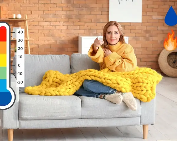 Donna sul divano con coperta gialla, termometro e icone di acqua e fuoco. Soluzione per deumidificare e riscaldare contemporaneamente.