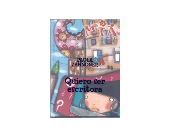 Ilustración de un libro infantil con el título "Quiero ser escritora". Una niña mira con asombro, rodeada de signos de interrogación y un pincel.