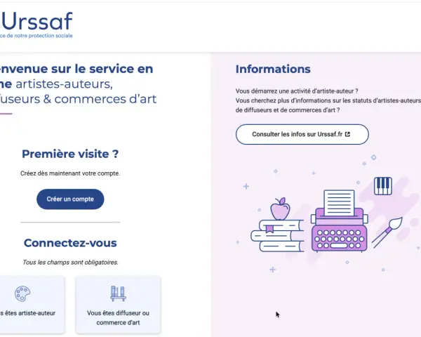 Bienvenue sur le service Urssaf pour artistes-auteurs. Informations sur la cotisation artiste-auteur sans revenus et création de compte.
