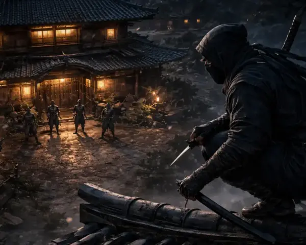 Un ninja acecha desde un tejado, observando a otros guerreros en un pueblo iluminado. La escena evoca la tensión de los juegos de ninjas.