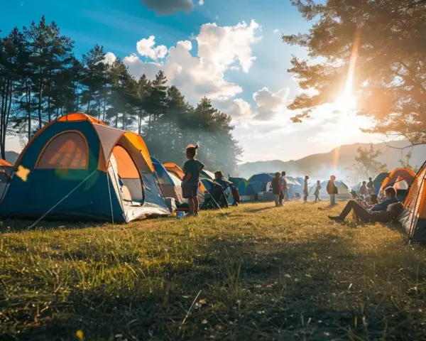 Un campement de tentes colorées sous un ciel bleu éclatant. Des enfants jouent et des adultes se détendent, profitant d'un moment de camping mineur paisible.