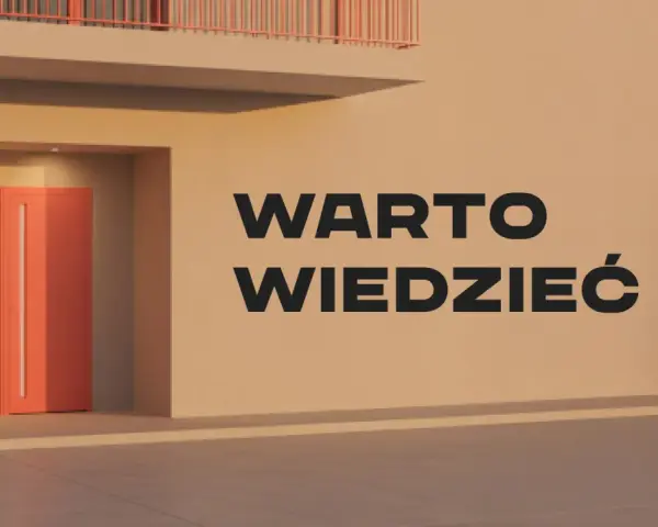 Nowoczesne drzwi w odcieniu koralowym, idealne do ciepłego montażu. Napis "WARTO WIEDZIEĆ" na jasnej ścianie.