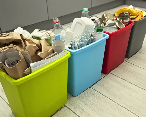 Cztery kolorowe kosze na śmieci z posegregowanymi odpadami: papier, plastik, metal i bio.
