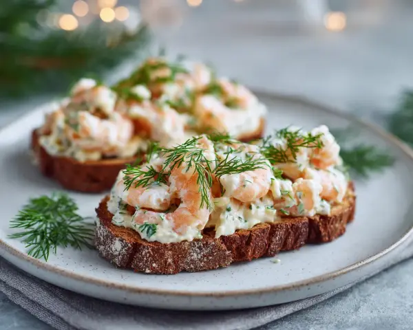 Två toast Skagen med dill på mörkt bröd, serverade på en tallrik med juldekorationer i bakgrunden.