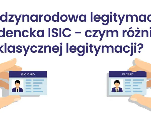 Dwie dłonie trzymają karty: ISIC CARD i ID CARD. Tytuł pyta o różnice między nimi.
