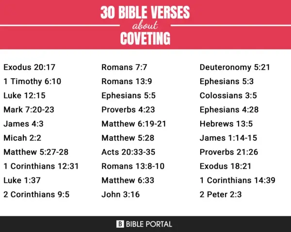 30 Bible verses about coveting, which means desiring what belongs to others. Learn what does covet mean in the bible.
