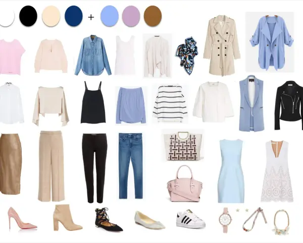 Conjunto de ropa y accesorios para crear looks versátiles. Incluye prendas básicas, abrigos, pantalones, faldas, vestidos, zapatos y bolsos, ideales para renovar tus **fondos de armario**.