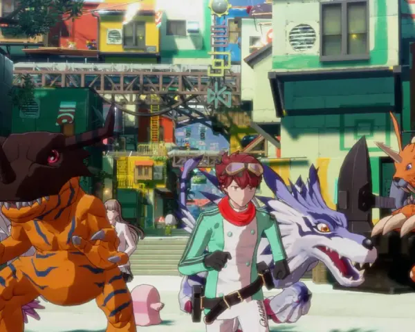 Un chico y sus Digimon, incluyendo a Agumon y Gabumon, se encuentran en una ciudad colorida. Es un momento de **digimon story time stranger**.