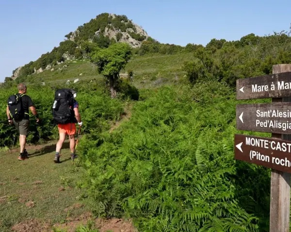 Deux randonneurs suivent un sentier bordé de fougères. Un panneau indique la direction de Mare a Mare Nord.
