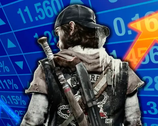 Análisis de Days Gone: un personaje con armas sobre un gráfico bursátil ascendente.