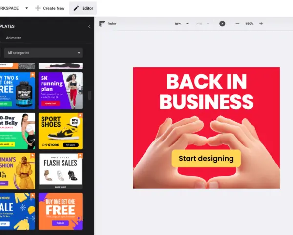 Tworzenie banera HTML z szablonami: "BACK IN BUSINESS" i "Start designing".