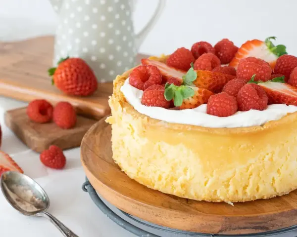 Deliciosa tarta de queso mascarpone y filadelfia, coronada con fresas y frambuesas frescas.