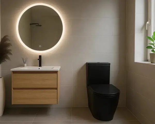 Salle de bain moderne avec un meuble vasque en bois, un miroir rond lumineux et un WC noir. La dimension wc est bien pensée pour un espace fonctionnel.