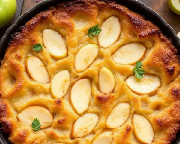 Un délicieux clafoutis aux poires, doré et garni de fines tranches de fruits, prêt à être dégusté.