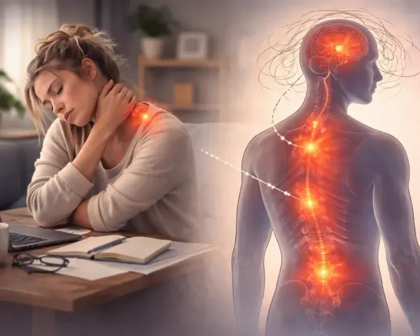 Kobieta z bólem karku przy biurku, połączona z wizualizacją kręgosłupa i mózgu, ilustrująca psychosomatykę.