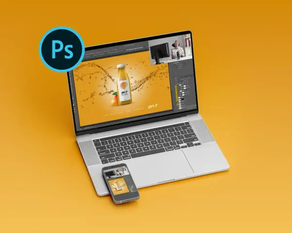 Nauka Photoshopa: tworzenie reklamy napoju na laptopie i telefonie.