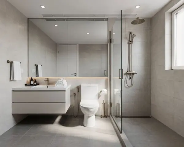 Salle de bain moderne avec une toilette suspendue, un lavabo flottant, une douche vitrée et un grand miroir.