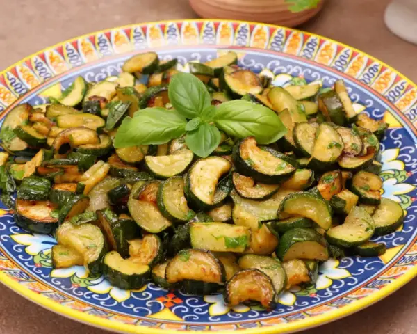 Zucchine trifolate dorate e saporite, guarnite con basilico fresco, servite su un piatto decorato.