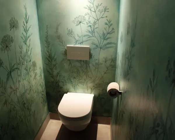 Toilettes modernes dans une pièce aux murs recouverts d'un papier peint botanique bleu-vert. La **couleur toilette** est blanche, contrastant avec le décor.