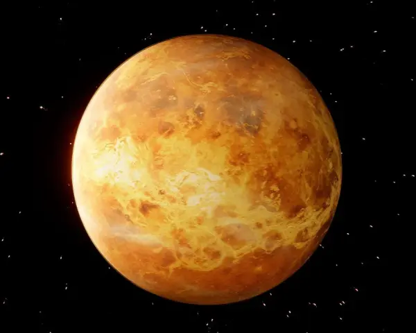 El planeta Venus, con su superficie anaranjada y texturizada, flota en la oscuridad del espacio. Su significado espiritual evoca amor y belleza.