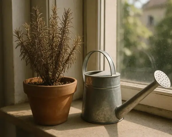 Suchy rozmaryn w doniczce obok metalowej konewki. Zastanawiasz się, dlaczego rozmaryn w doniczce usycha? Może potrzebuje więcej wody lub słońca.