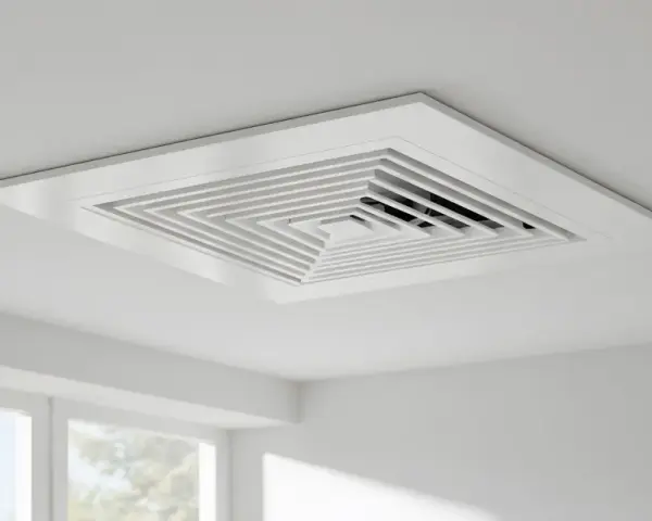 Rejilla cuadrada blanca empotrada en el techo, parte de un sistema de aire centralizado, con un diseño escalonado que dirige el flujo de aire.