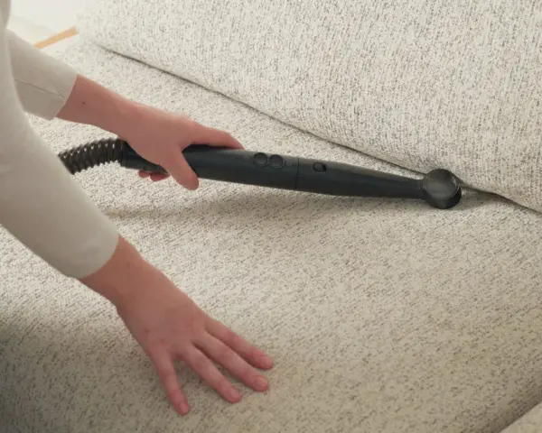 Person använder en ångtvätt för att få bort hundhår från en ljus soffa.