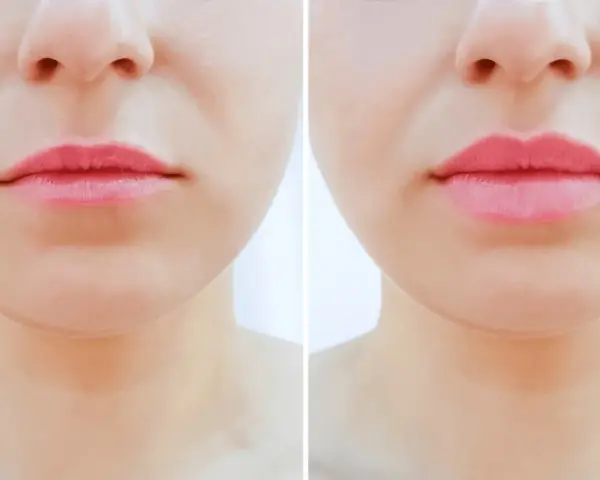 Przed i po zabiegu lip lift. Usta po zabiegu są pełniejsze i bardziej wyraziste, co podkreśla ich naturalne piękno.