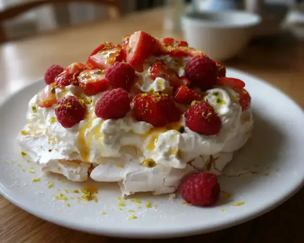En vacker pavlova med vispgrädde, färska jordgubbar, hallon och passionsfrukt. Ett perfekt pavlova recept för sommaren!