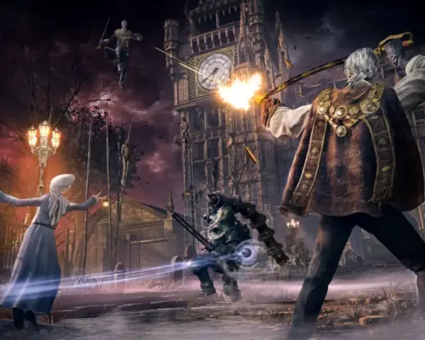 Un cazador dispara contra un monstruo frente a un reloj icónico, mientras otros luchan en un mundo oscuro. ¿Será esta la aventura de Bloodborne 2?