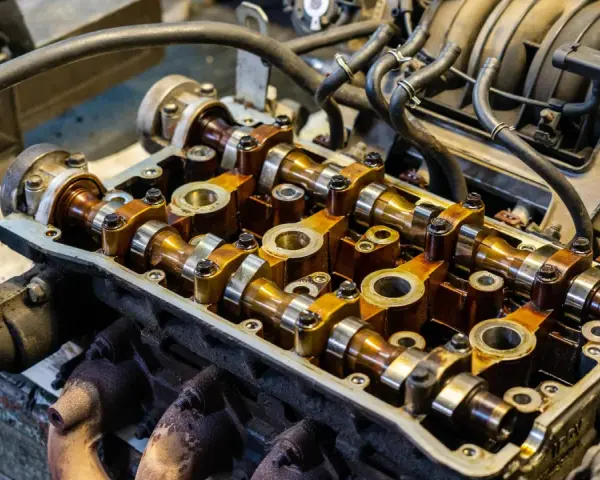 Close-up of an engine's camshafts, showing the intricate metalwork involved in camshaft repair. The golden-brown oil coating suggests recent maintenance.