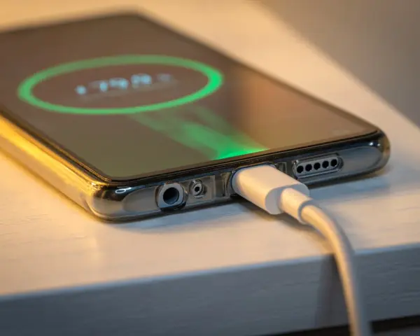 Smartfon podłączony do ładowarki, na ekranie widać wskaźnik baterii. Tak wygląda ładowanie telefonu.