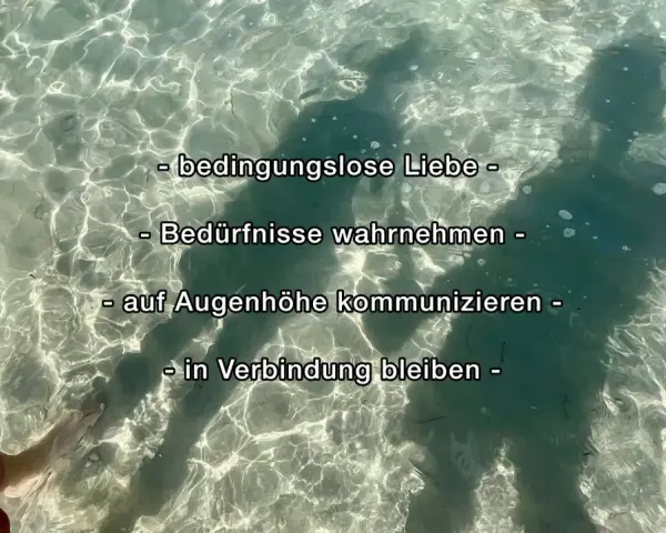 Schatten von zwei Menschen im klaren Wasser, die bedingungslos lieben, Bedürfnisse wahrnehmen, auf Augenhöhe kommunizieren und in Verbindung bleiben.
