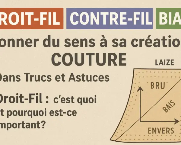 Illustration expliquant le sens du tissu pour la coupe en couture : droit-fil, contrefil, biais. Comprendre le droit-fil est essentiel.