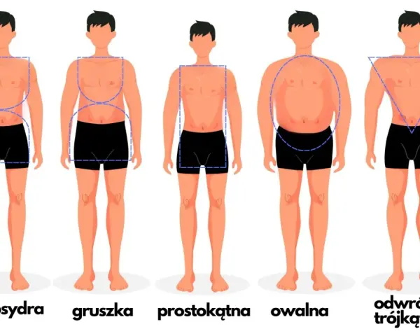 Ilustracja pokazuje pięć typów sylwetek męskich: klepsydra, gruszka, prostokątna, owalna i odwrócony trójkąt. Pomaga dobrać odpowiednie rodzaje spodni męskich.